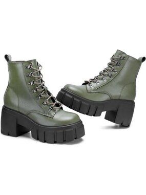 Women’s Combat Boots Lace up Side Zipper Ankle Botas Heel Chunky Platform Green